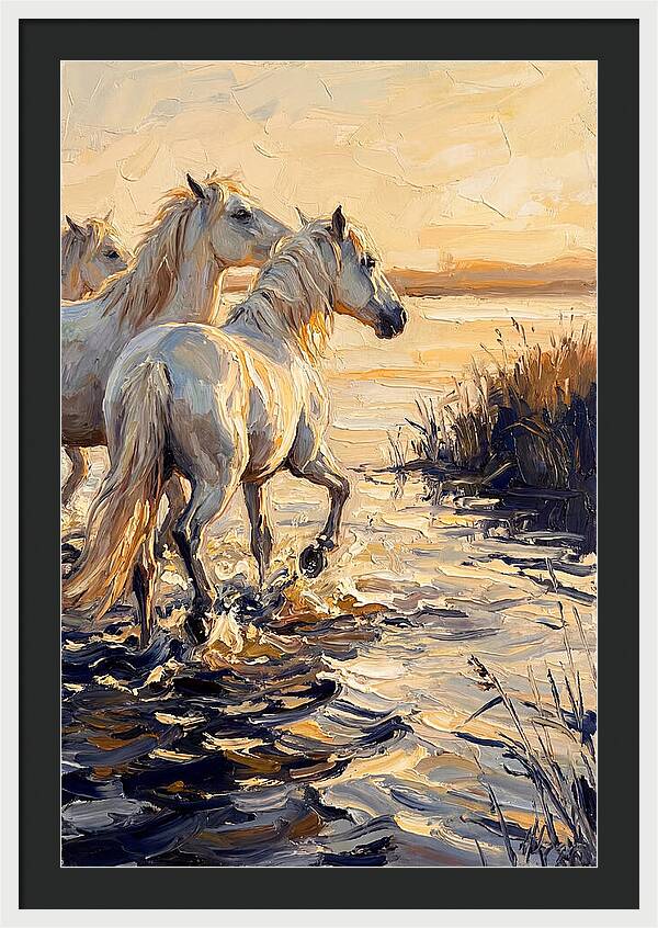 White Camargue Horses Splashing