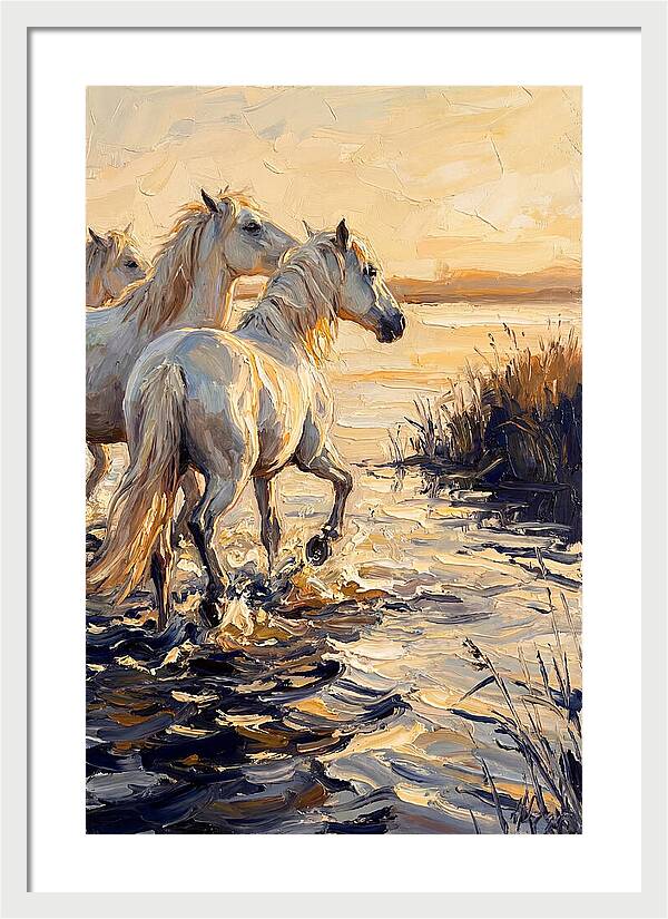 White Camargue Horses Splashing