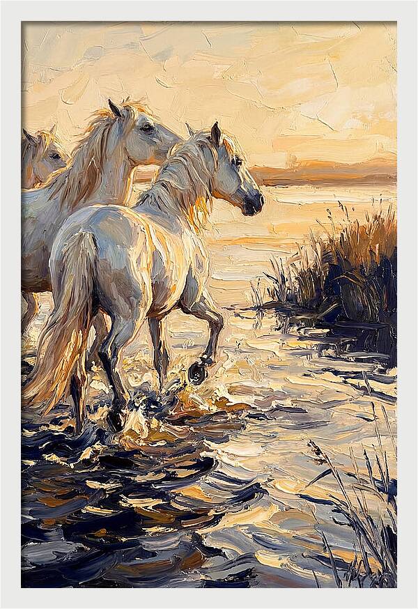 White Camargue Horses Splashing