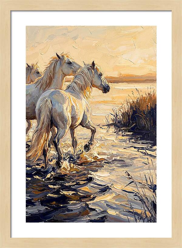 White Camargue Horses Splashing