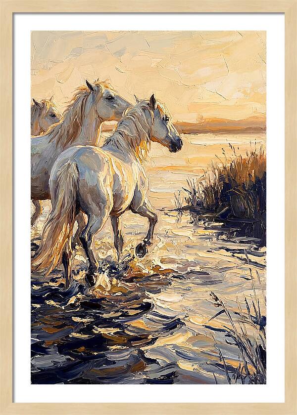 White Camargue Horses Splashing