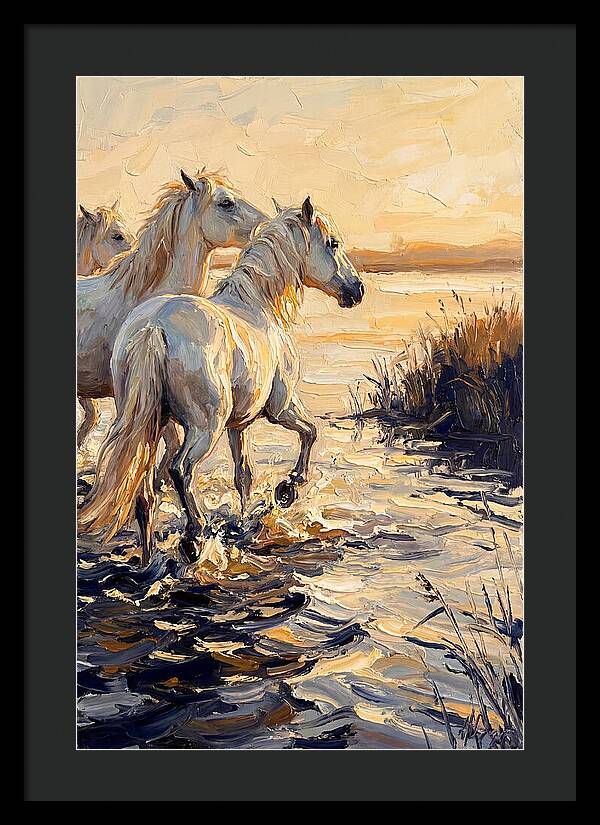 White Camargue Horses Splashing