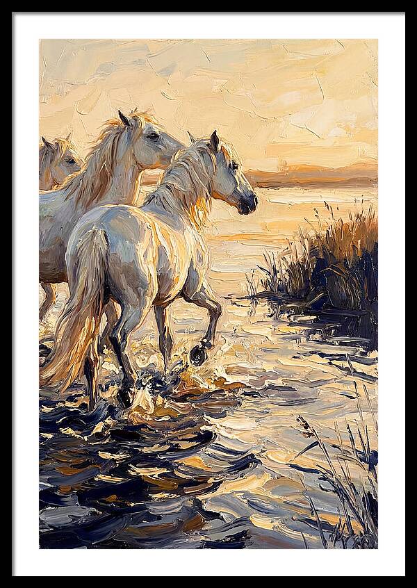 White Camargue Horses Splashing