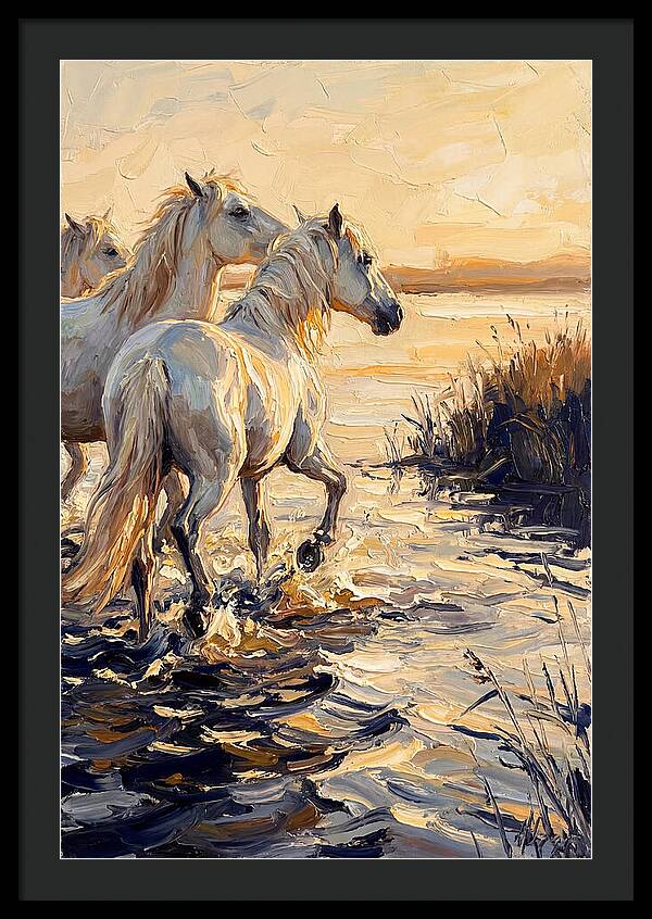 White Camargue Horses Splashing