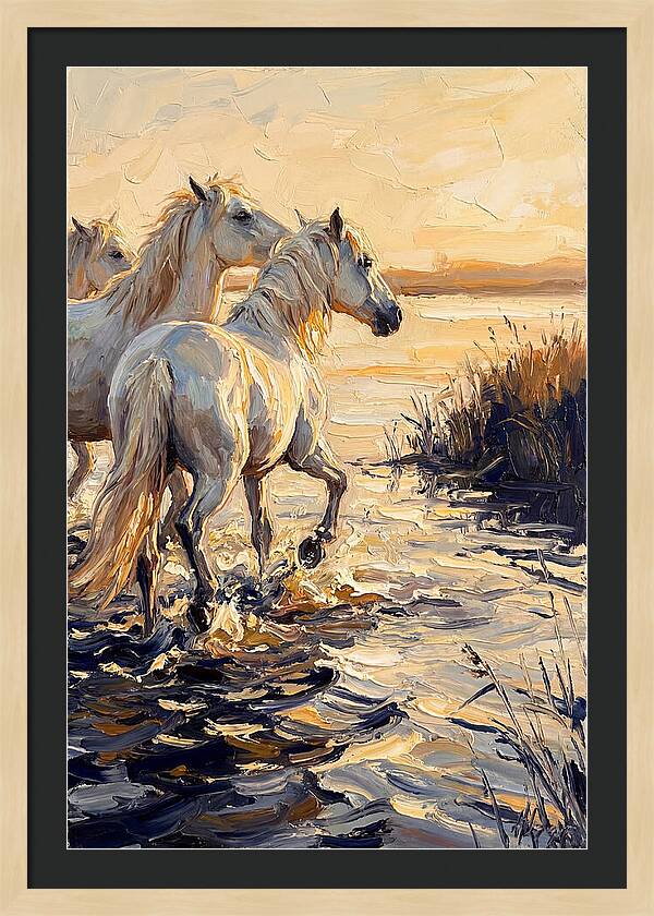 White Camargue Horses Splashing