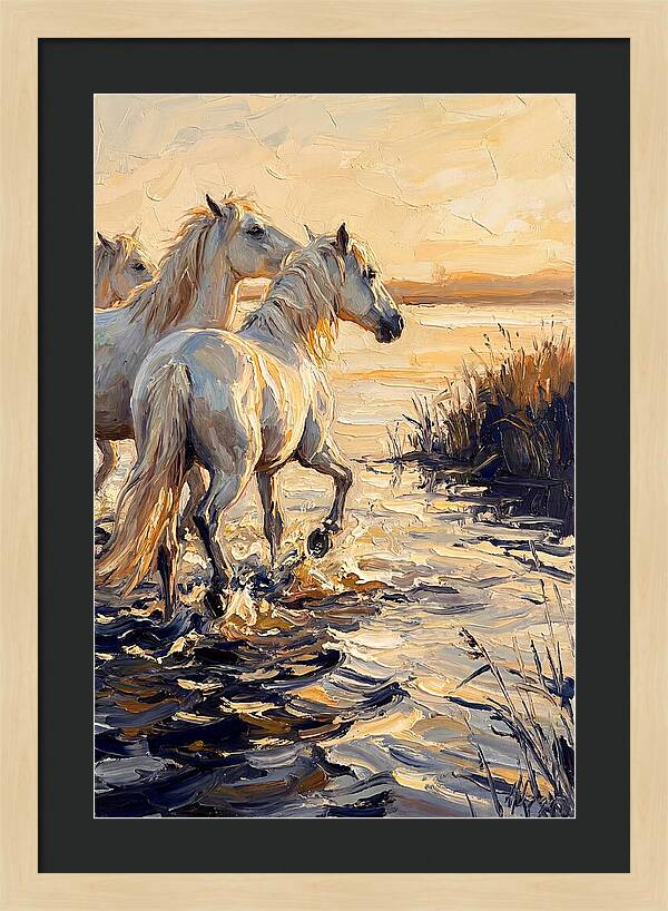 White Camargue Horses Splashing