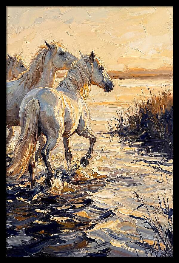 White Camargue Horses Splashing