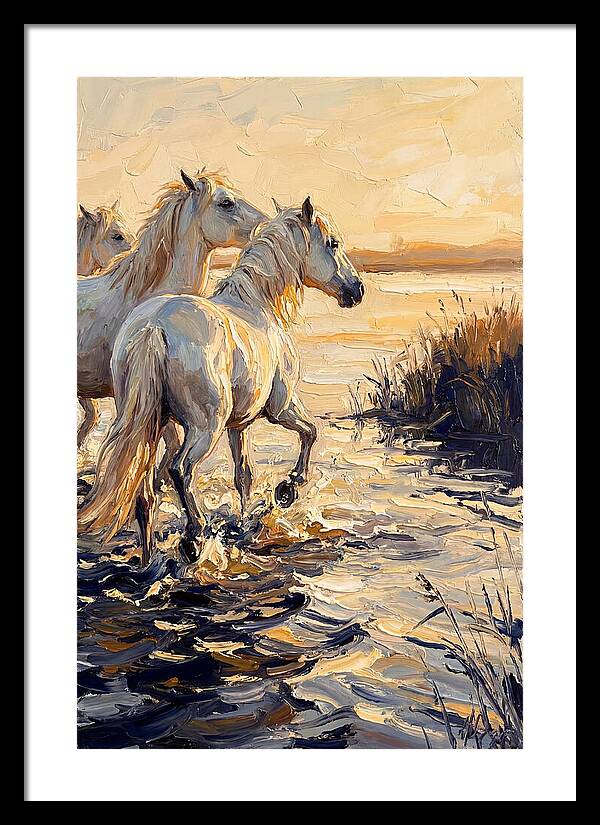 White Camargue Horses Splashing