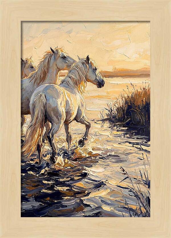 White Camargue Horses Splashing