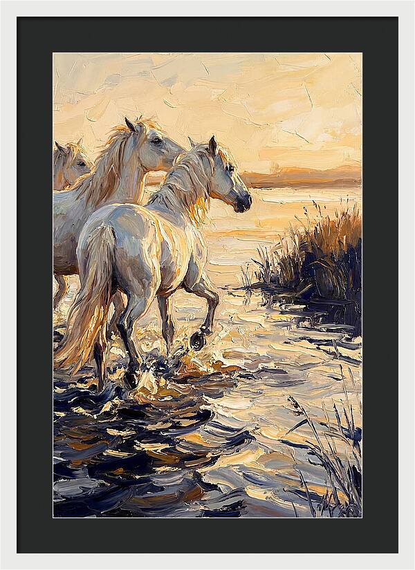 White Camargue Horses Splashing