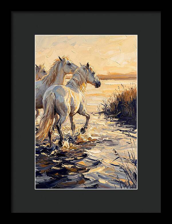 White Camargue Horses Splashing