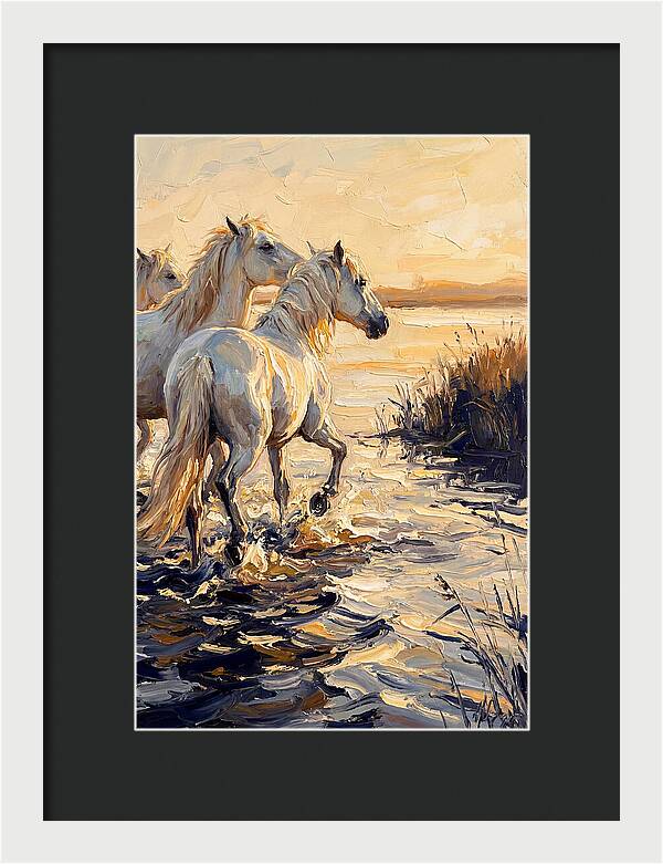 White Camargue Horses Splashing