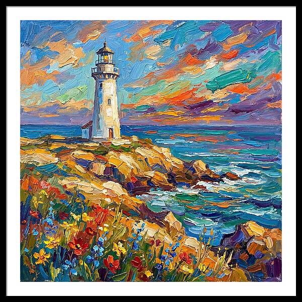 White Lighthouse Against Vibrant Skies