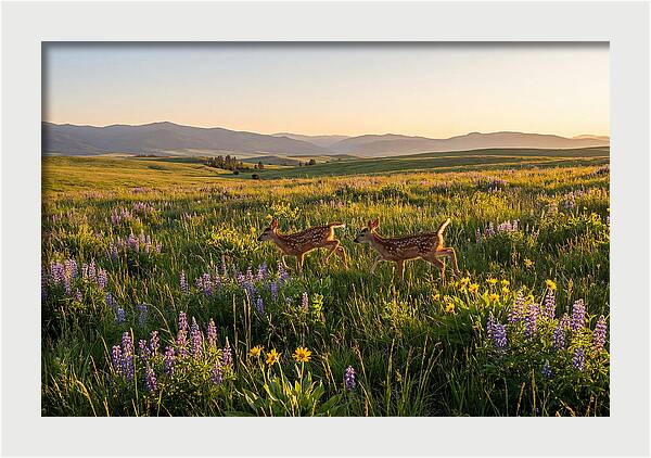 White Tailed Deer Fawns In Meadow