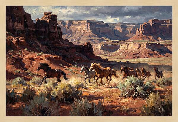 Wild Mustangs Galloping Through Desert