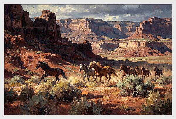 Wild Mustangs Galloping Through Desert