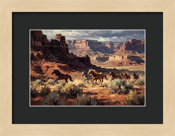 Wild Mustangs Galloping Through Desert