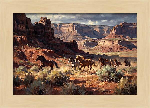 Wild Mustangs Galloping Through Desert