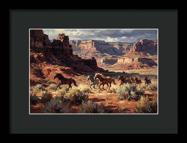 Wild Mustangs Galloping Through Desert