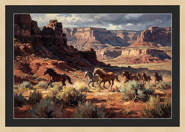 Wild Mustangs Galloping Through Desert