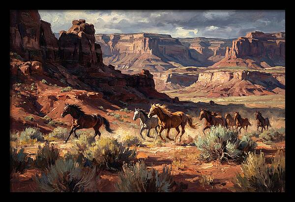 Wild Mustangs Galloping Through Desert