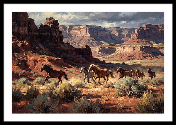 Wild Mustangs Galloping Through Desert