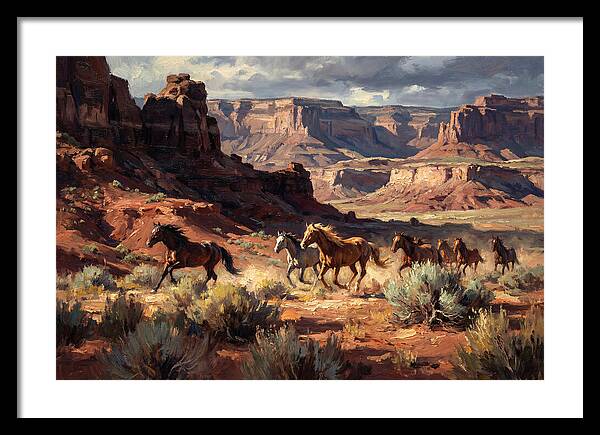Wild Mustangs Galloping Through Desert