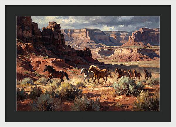 Wild Mustangs Galloping Through Desert