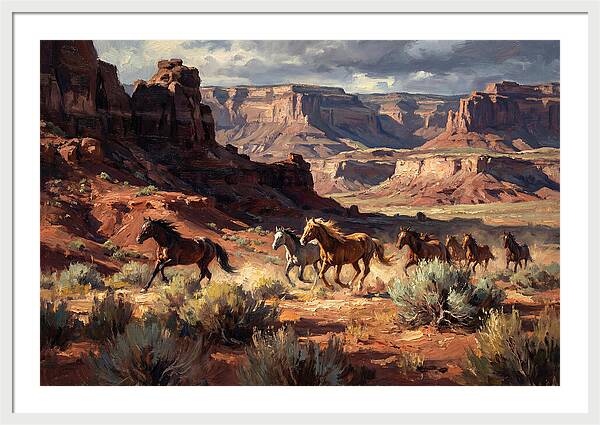 Wild Mustangs Galloping Through Desert
