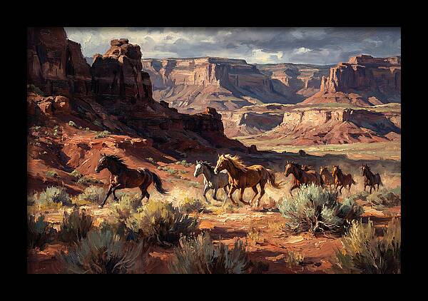 Wild Mustangs Galloping Through Desert