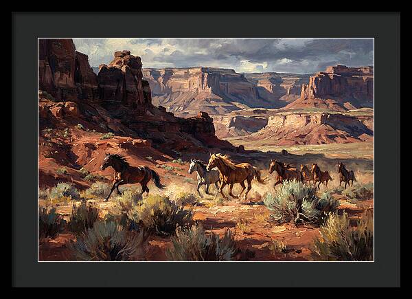 Wild Mustangs Galloping Through Desert