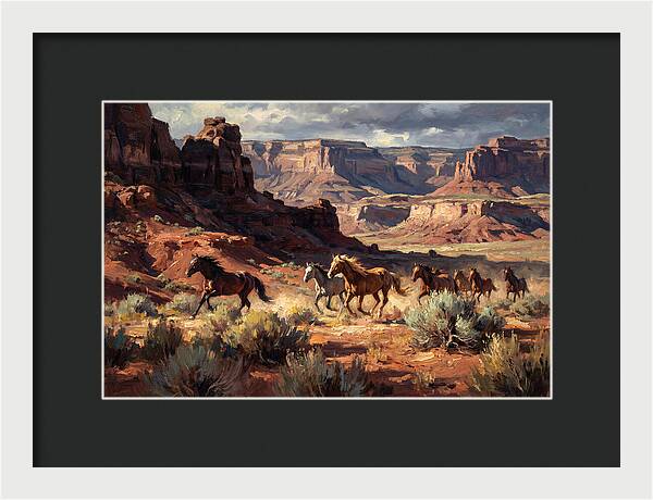 Wild Mustangs Galloping Through Desert