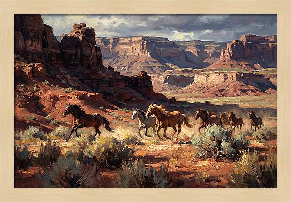Wild Mustangs Galloping Through Desert
