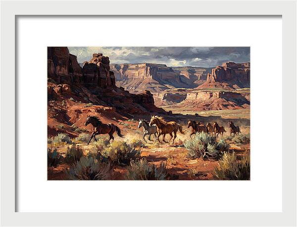 Wild Mustangs Galloping Through Desert