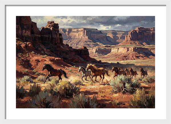 Wild Mustangs Galloping Through Desert