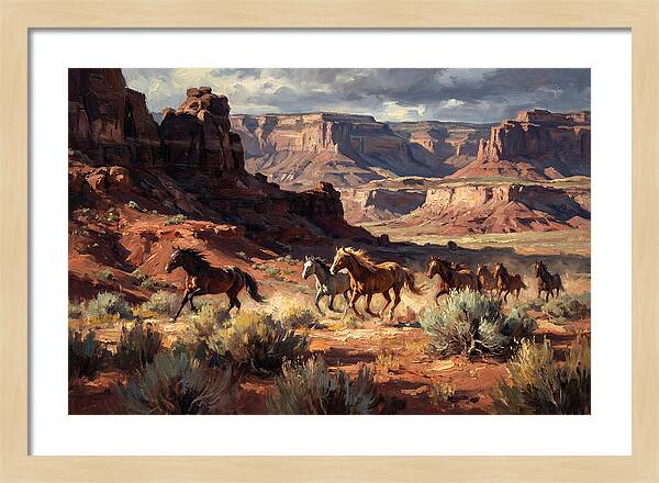 Wild Mustangs Galloping Through Desert
