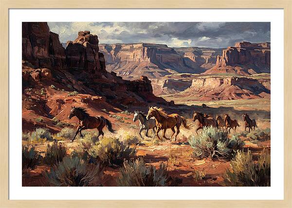 Wild Mustangs Galloping Through Desert