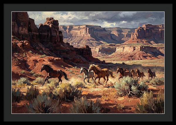 Wild Mustangs Galloping Through Desert