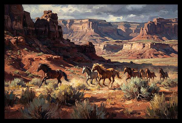 Wild Mustangs Galloping Through Desert
