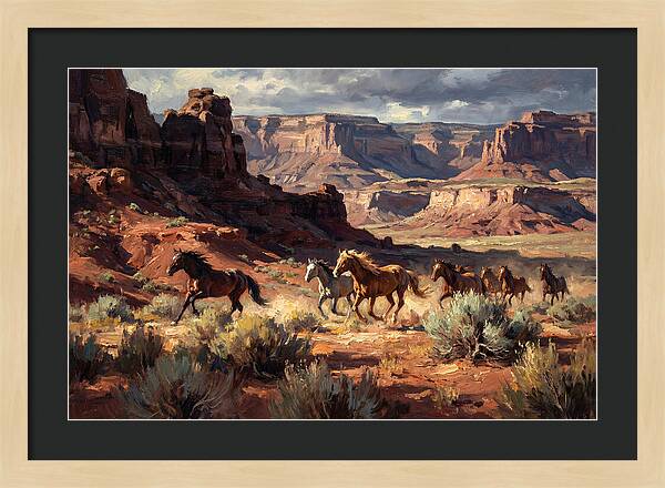 Wild Mustangs Galloping Through Desert