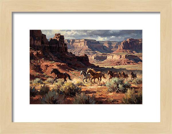 Wild Mustangs Galloping Through Desert