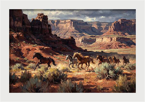 Wild Mustangs Galloping Through Desert