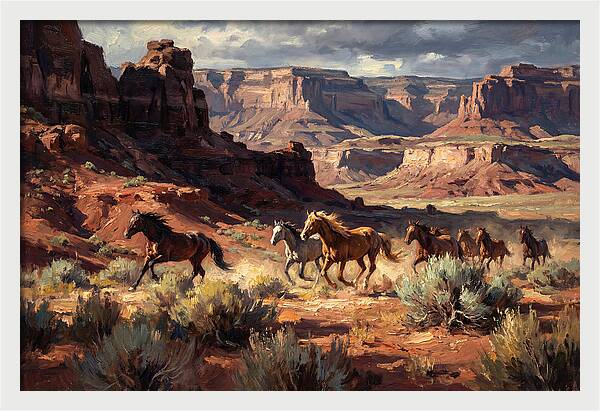 Wild Mustangs Galloping Through Desert
