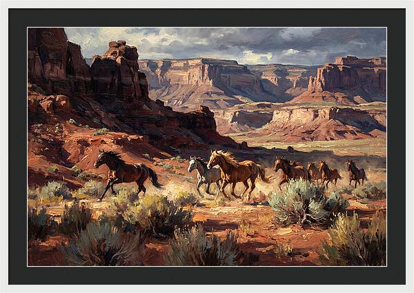 Wild Mustangs Galloping Through Desert