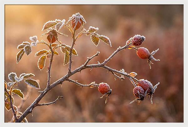 Wild Rose Hip Branch In Frost