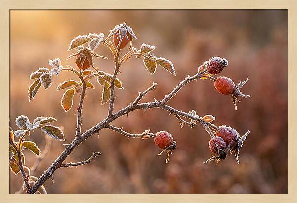 Wild Rose Hip Branch In Frost