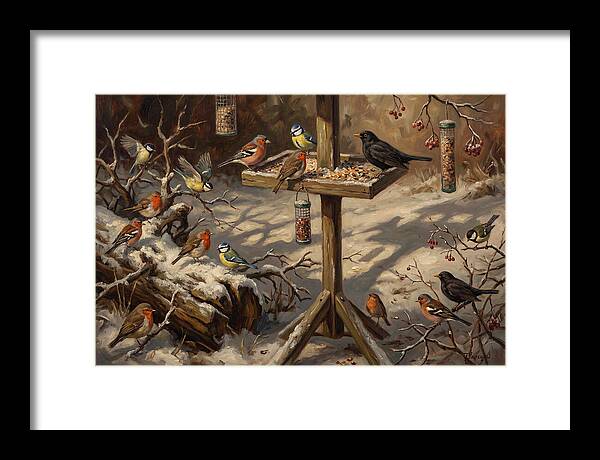 Winter Birds Gathering Around Feeder