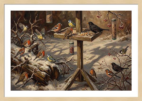 Winter Birds Gathering Around Feeder