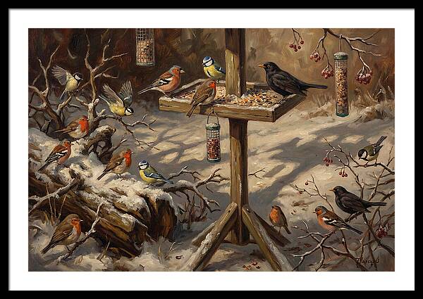 Winter Birds Gathering Around Feeder