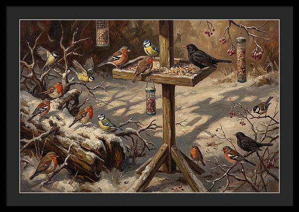 Winter Birds Gathering Around Feeder